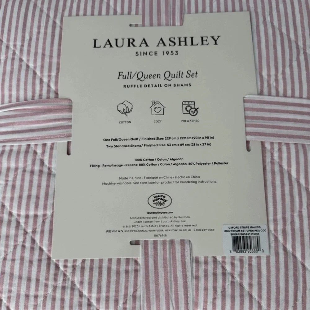 Laura Ashley ~ Full/Queen PINK Oxford Stripe Quilt/Sham Set ~ Reversible/Cotton